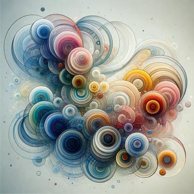 The primary subject of the image is a colorful, abstract artwork featuring a variety of shapes, colors, and patterns. The setting is a white background, which provides a clean and uncluttered environment for the artwork. The visual style is a combination of digital art and illustration, creating a unique and eye-catching piece. The dominant colors in the artwork are blue, red, yellow, and orange, which contribute to a vibrant and lively atmosphere.